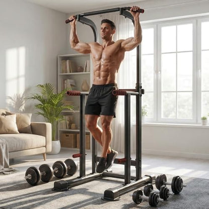 YYJO Foldable Pull Up Bar Free Standing Multi-function Power Tower Dip Bar with Assistance Bands Home Gym Strength Training Equipment - color: Black&Red 011