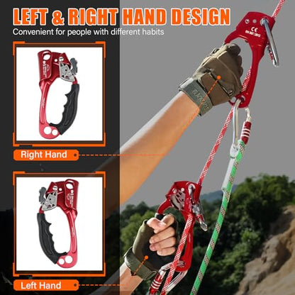 UIAA & CE Certified Rope Ascender Aluminum Alloy Rock Climbing Gear Strong Rigging Rappelling Equipment for Rock Tree Climbing Arborist Rescue Mountaineering Caving - color: Right Hand Red 1