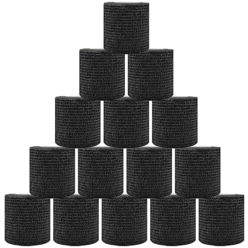 15 Pack Self Adhesive Bandage Wrap 2 Inch x 5 Yards (Black) | Non-Woven Bandage,Vet Wrap Breathable Elastic Self-Adherent Tape for Stretch Athletic, Sports, Wrist, Ankle - color: Black-15