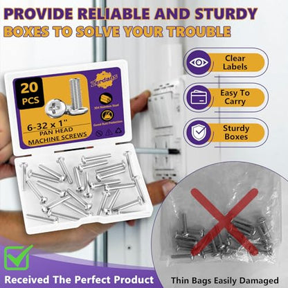 20Pcs 6-32x1 Phillips Pan Head Machine Screws Kit 304 SS for Outlet | Full Thread, Anti-Rust & Anti-Corrosion, For DIY & Cabinet Fix, Wall Switch Plates & Receptacle Mount, Storage Case Included - size: 6-32 x 1