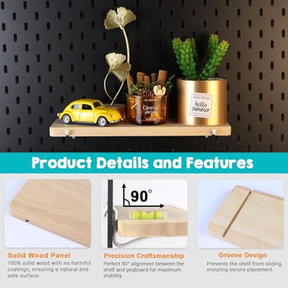 2 Pack Solid Wood Pegboard Shelves ONLY for IKEA Skadis | Natural Hardwood, Pegboard Shelf with Hooks Compatible with IKEA Skadis Pegboard, Pegboard Accessories For Home & Office
