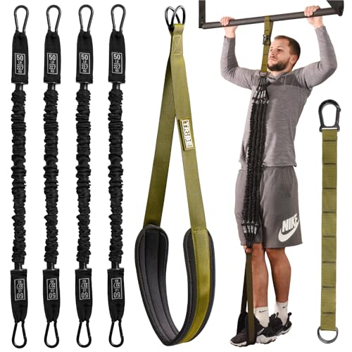 Pull Up Assistance Bands Set with 4 Levels, Adjustable Strap and Foot Rest | 50–200 lb stackable pull-up assistance, nylon-sleeved bands, adjustable support, reduced snap-back risk - color: Military Green V1