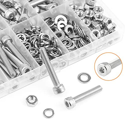 HELIFOUNER 210 Pieces M5 x 6mm /8mm /12mm /16mm /20mm /25mm /30mm, Hex Socket Head Cap Screws Bolts Washers Nuts Kit, 304 Stainless Steel (Hex Wrench is Not Included) - size: M5, style: Socket Head Screws
