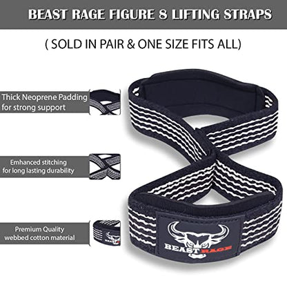 BEAST RAGE Heavy Duty Lifting Wrist Straps for Weightlifting, Figure 8 Loop Powerlifting Deadlift Strap Wraps Weights Padded Support Professional Fitness Gym Bodybuilding - color: White