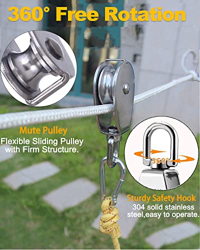 Rocaris 4 Pack M20 Pulley Block, 2 Pcs Single Pulley & 2 Pcs Double Pulley 304 Stainless Steel Wire Rope Lifting Swivel Hook - style: 2 Pack Single & 2 Pack Double