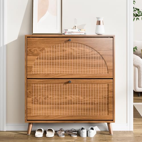 Fsbecl Shoe Storage Cabinet for Entryway with 2 Flip Drawers, Narrow Wood Shoe Cabinet with Fluted Panel, Freestanding Hidden Shoe Organizer for Hallway - color: Walnut, size: 2 Drawers-Single Layer