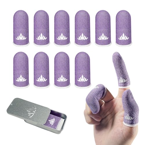 Jwh 10 Pcs Silver Fiber Game Finger Sleeves,Purple Thumb Sleeves Mobile Gaming Cots,Game Thumb Covers,Gaming Finger Gloves with Touchscreen for Pubg Fundas para Dedos Dedales Gamer Profesionales - color: 10Pcs Purple +Storage Box
