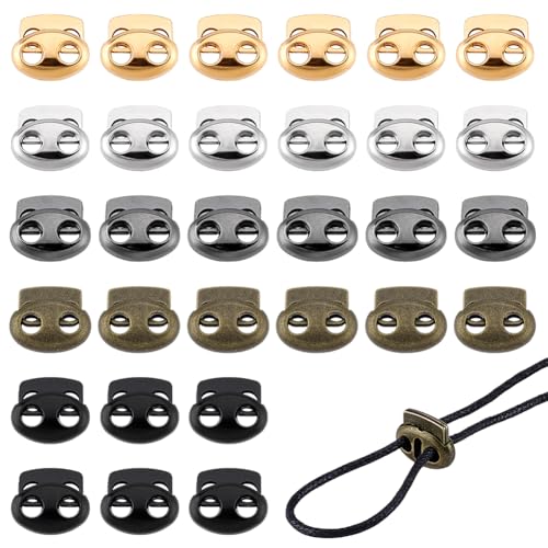 PH PandaHall 30pcs 5 Colors Metal Cord Locks, Double Hole Spring Stopper Fastener Slider Toggles End Clamp Toggle Stop Slider Alloy Spring Cord Lock Clasps for Drawstrings Bag Shoelaces Hat, Hole 4mm