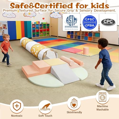 Climbing Toys for Toddlers, 9-Piece Soft Foam Climbing Blocks Set&Crawl Through Tunnel, Toddler Climbing Toys Indoor Foam Play Gym for Climbing Crawling and Sliding - style: 9-Piece