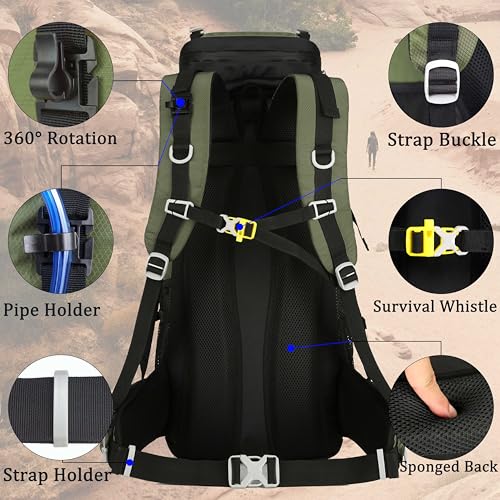 60L Travel Hiking Camping Backpack with Rain Cover, Backpack Water Resistant,Climbing Backpack for Men Women - color: Deep Green