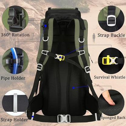 60L Travel Hiking Camping Backpack with Rain Cover, Backpack Water Resistant,Climbing Backpack for Men Women - color: Deep Green