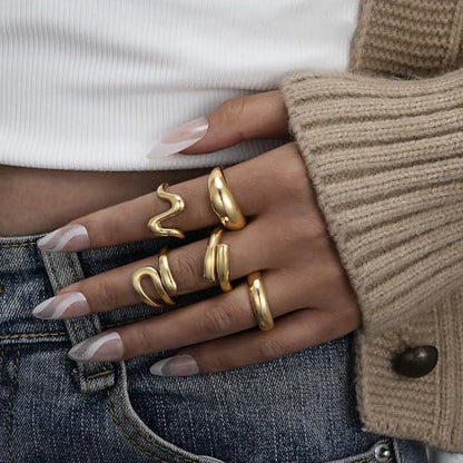 YEEZII Chunky Gold Rings for Women Non Tarnish, 18K Gold Plated Stackable Thumb Ring, Statement Women Rings Set - color: Gold-B-14k