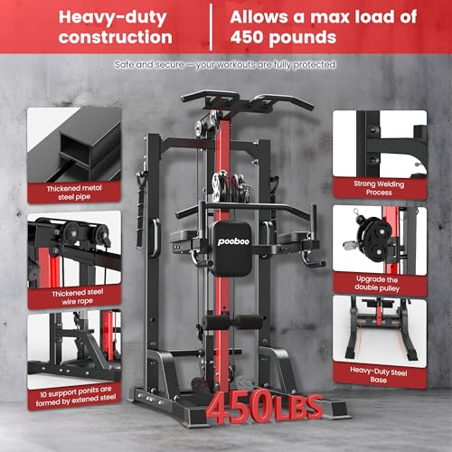 Pull Up Bar Power Tower Dip Station with Cable Machine, 450LB Home Gym | Pull up bar, dip station and 16-position cable system for pull ups, dips, lat pulldowns, rows and full-body training - color: Black-04