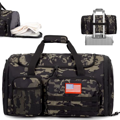 Tactical Duffle Bag for Men,52L Expandable Carry On Duffel Bag for Travel | Adjustable Shoulder Strap Travel Bag with Shoes Compartment Wet Pocket,900D Water-Resistant Weekender Bag for Gym Work Travel - color: Camo Black