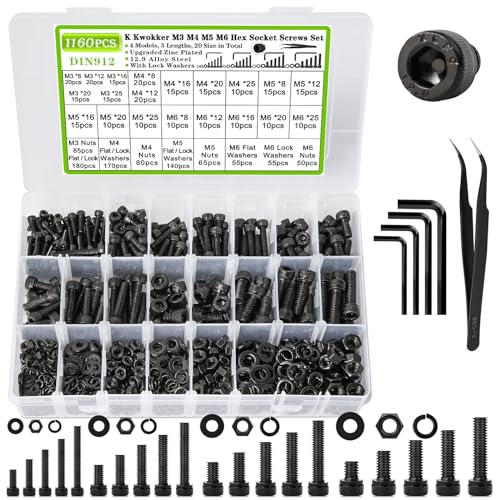 M3 M4 M5 M6 Hex Socket Bolts and Nuts Assortment Kit, 1160Pcs | 12.9 Alloy Steel, Zinc Plated Anti-rust; 20 Sizes Metric Screws with Lock Washers; For 3D Printing DIY Machinery Repair - size: F. M3 M4 M5 M6
