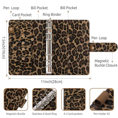 SKYDUE A6 Budget Binder with Zipper Envelopes, Money Organizer for Cash with 12Pcs Expense Budget Sheet & 24Pcs Stickers, Cash Envelopes for Budgeting and Saving - color: Leopard Brown