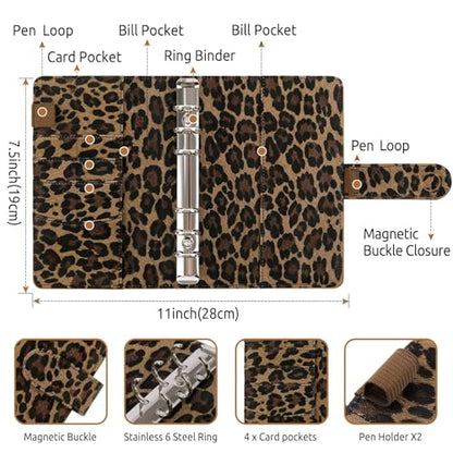 SKYDUE A6 Budget Binder with Zipper Envelopes, Money Organizer for Cash with 12Pcs Expense Budget Sheet & 24Pcs Stickers, Cash Envelopes for Budgeting and Saving - color: Leopard Brown