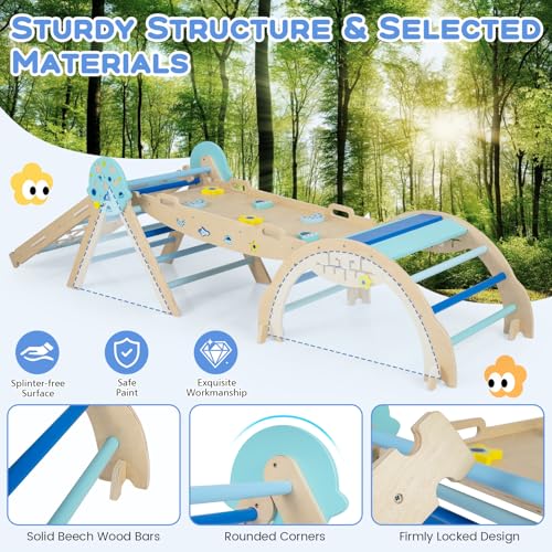 HONEY JOY Pikler Triangle Set, 9 in 1 Foldable Wooden Triangle Climber w/Arch, Ramp, Climbing Rope & Ladder, Baby Indoor Playground Jungle Gym, Montessori Climbing Toy for Toddlers (Blue) - color: Blue