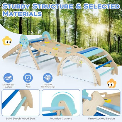 HONEY JOY Pikler Triangle Set, 9 in 1 Foldable Wooden Triangle Climber w/Arch, Ramp, Climbing Rope & Ladder, Baby Indoor Playground Jungle Gym, Montessori Climbing Toy for Toddlers (Blue) - color: Blue