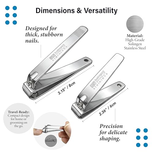 Solingen Toenail Clippers for Thick Nails, 2-Pack Stainless Steel Nail Clippers Made in Germany, Straight Edge Fingernail & Toenail Cutters for Men, Women & Seniors