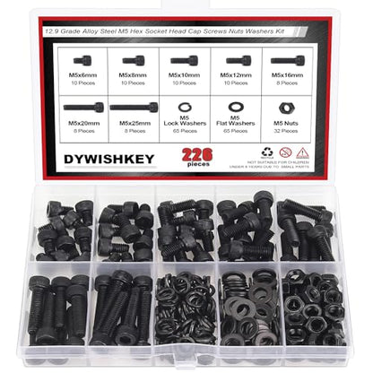 DYWISHKEY 226 Pieces M5 Black Screws, 12.9 Grade Alloy Steel M5x 6/8 /10/12 /16/20 /25mm Hex Socket Head Cap Screws Bolts Nuts Washers Assortment Kit - size: M5, style: Socket Head