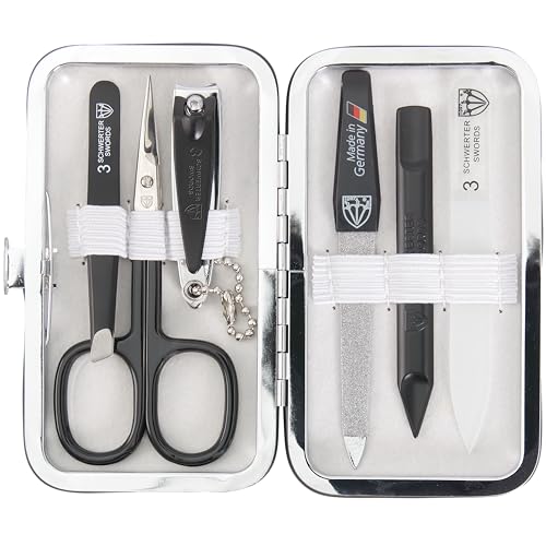 3 Swords Germany - Brand Quality 6 piece Manicure Pedicure Grooming kit Set - Scissors, Metal and Glass Nail File, Clipper, Tweezers with Synthetic Leather case - White/Black Tools - color: White - Black Tools
