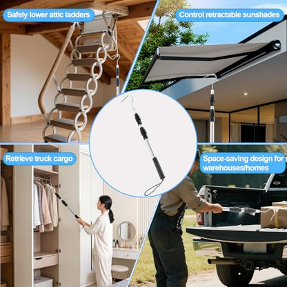Telescopic Attic Pull Down Hook, 17" to 35" Adjustable Stainless Steel Pull Stick and Stainless Steel Pull Ring, Replacing Old-Fashioned Hanging Ropes on attic Stairs.