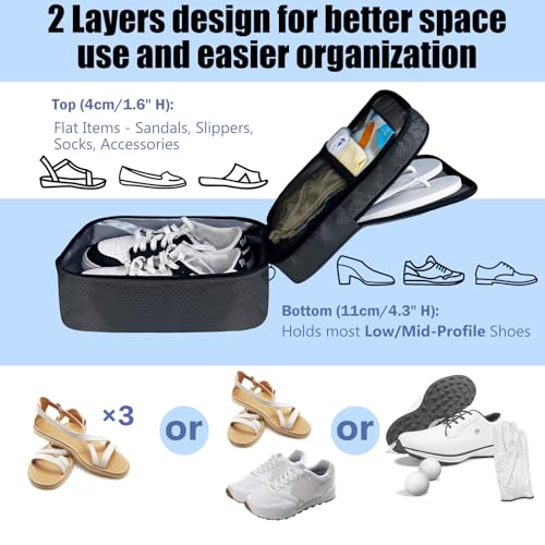 Shoe Bag for Travel,2 Layers Shoes Organizer,Honeycomb Black | Holds 3 Pairs,Trolley Strap,Easy Clean Lining,Leak Proof,Dual Zippers - color: HoneycombGrey