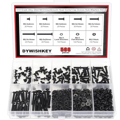 DYWISHKEY 566 Pieces M2.5 Black Screws, 10.9 Grade Alloy Steel M2.5X 4/6 /8/10 /12/16 /20mm Countersunk Head Socket Cap Screws Bolts Nuts Washers Assortment Kit - size: M2.5, style: Countersunk Head Socket Cap