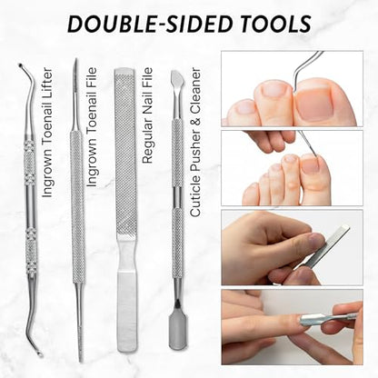 Ingrown Toenail Clippers for Seniors Thick Toenails, 7 Pcs Heavy Duty Large Pedicure Toe Nail Clipper Set with Wide Opening, Includes Nail Cutter, File, Lifter, Cuticle Pusher, Travel Case - color: 7 Pcs Set (Angled Clippers + Large Toenail Clipper)