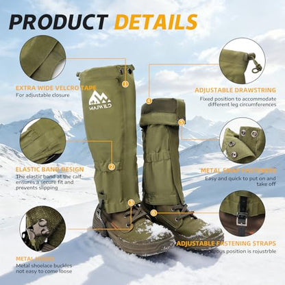 Adjustable Leg Gaiters, Waterproof Snow Boot Gaiters for Men Women with Hiking, Walking, Hunting, Snowshoeing, Climbing