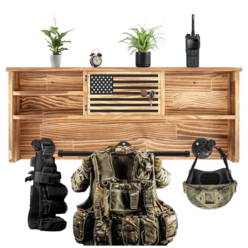 DoubleFill Police Gear Rack Police Vest Wall Mounted Hanger USA Flag Tactical Gear Stand with Gun Storage Plate Carrier Law Enforcement Organizer Accessories for Men Veteran Gift - color: Wood Color, style: Lockers