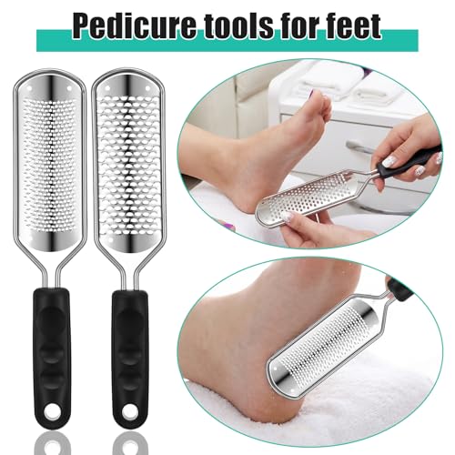 Professional Foot Rasp Callus Remover Set - 2 Stainless Steel Pedicure Files with 12 Replacement Blades (Coarse & Fine Grit) for Dead Skin Removal, Home Salon Foot Care
