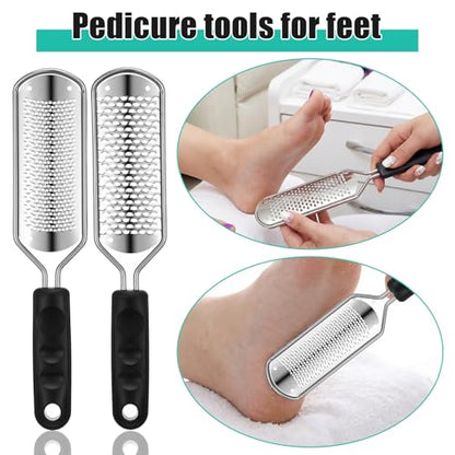Professional Foot Rasp Callus Remover Set - 2 Stainless Steel Pedicure Files with 12 Replacement Blades (Coarse & Fine Grit) for Dead Skin Removal, Home Salon Foot Care