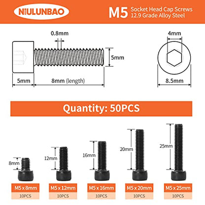 M5 x 8mm 12mm 16mm 20mm 25mm Hex Socket Head Cap Screws Bolts, 12.9 Grade Alloy Steel, Black Oxide Finish, Allen Hex Drive, Metric Machine Fully Threaded, Assortment Kit 50PCS - size: M5 x 8/12/16/20/25mm (50PCS)