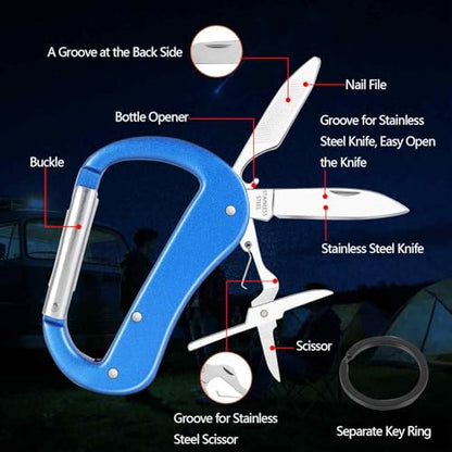 Multitool Carabiner with Pocket Knife, Stocking Stuffers Gifts for Men,Bottle Opener,Nail file,Small Scissors,EDC Carabiners Keychain,Survival Gear for Camping Hiking（Blue) - color: Blue