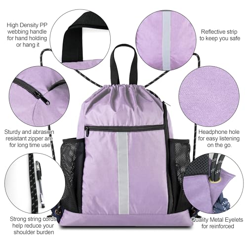 BeeGreen Lilac Drawstring Backpack Bag Gym Sports Backpack with Shoe Compartment and Two Water Bottle Holder for Women Men Large String Athletic Sackpack Workbag - color: Lilac, style: Drawstring With Shoe Compartment