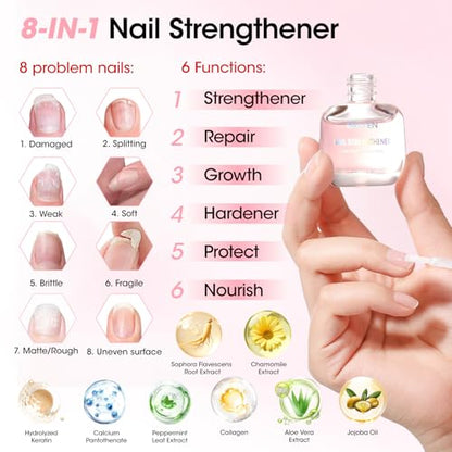 Gellen Nail Care Kit with 10PCS Manicure Tools: Nail Strengthener Sakura | 2Pcs Nail File & Buffer 100/180, Cuticle Pusher Pen, Cuticle Oil & Remover, Fork | Nail Clipper & Brush