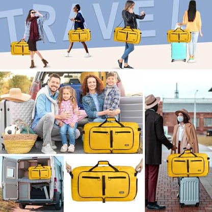 Fmeida 65L Duffle Bag with Shoes Compartment, Foldable Travel Duffel Bags for Men Women, Large Packable Travel Bag Water Repellent & Tear Resistant (Yellow) - color: Glossy Yellow