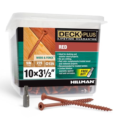 Deck Plus 3-1/2 Inch Epoxy Coated Exterior Wood and Fence Screws #10 x 3-1/2" Torx/Star Drive Included Coarse Thread, Outdoor Rust Resistant Decking Screw, Red, 5lb Box, 275 Pieces | 48436 - color: Red, size: #10 x 3-1/2", style: 275 pcs