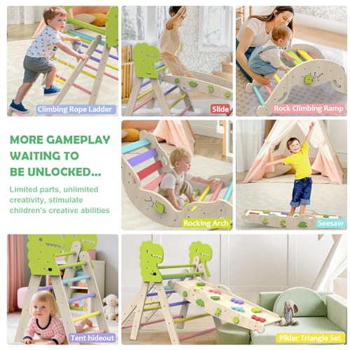 12 in 1 Pikler Triangle Set with Cushion, Montessori Toddler Climbing Toy | Wooden Indoor Climbing Gym, Rope Ladder, Shape Sorter, Push Car, Baby Activity Toy, Motor Skills Development, Dinosaur Design
