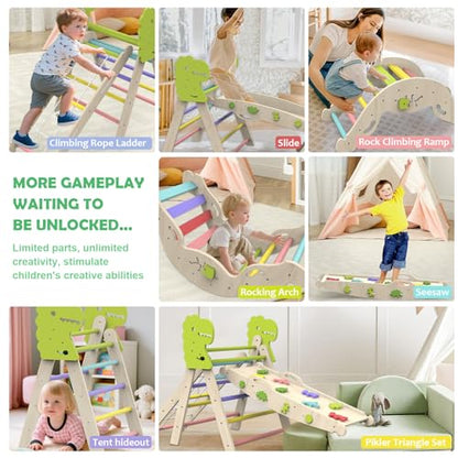 12 in 1 Pikler Triangle Set with Cushion, Montessori Toddler Climbing Toy | Wooden Indoor Climbing Gym, Rope Ladder, Shape Sorter, Push Car, Baby Activity Toy, Motor Skills Development, Dinosaur Design