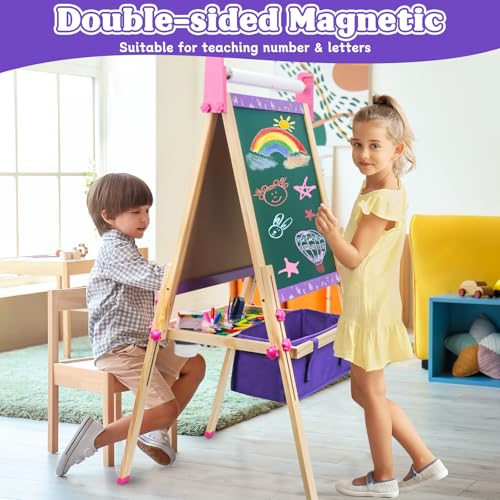 Wooden Art Easel for Kids,Double Sided Adjustable Magnetic Drawing Board | Kids Easel with Paper Roll,Whiteboard & Dry Erase Chalk Board,Toddler Easel for 4 -8 Year Old Boy Girl Birthday Gifts - color: Purple