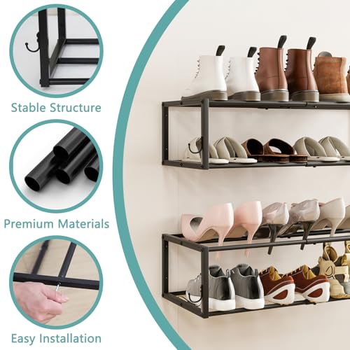 2 Pack Wall Mounted Shoe Rack, Expandable 16-29" with 4 Hooks | 2-Tier Metal Adjustable Hanging Shoe Rack Organizer Holds 16 Pairs for Entryway, Closet, Bedroom, Garage or Small Spaces - size: 29.72" W x 11" L x 7.68" H