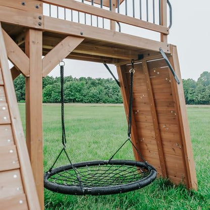 Backyard Discovery Sterling Point Cedar Wood Swing Set with Wave Slide, Raised Clubhouse, Wooden Bridge, Rock Wall, Belt Swings, Web Swing, Trapeze, Balcony, Climbing Wall, Ladder, Outdoor Playset - color: Grey Slide, style: Cedar