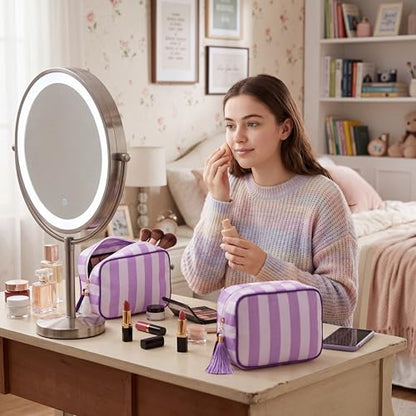 Kacctyen 6 Pack Lavender Purple and White Striped Makeup Bag bulk with Tassel Travel Cosmetic Pouch Organizer Large Zipper Toiletry Case for Women Aesthetic Storage Pouch Mahjong Tile Bag - color: Lavender Purple and White