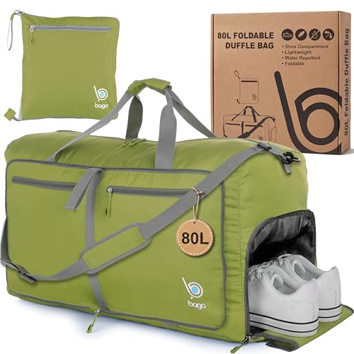 Bago Large Duffle Bag for Travel Women & Men. Durable Lightweight Foldable Travel Duffel Bags For Traveling Women. 80L Duffle Bags For Overnight Bag With Shoe Compartment Collapsible Weekender duffel - color: Green, size: 80L