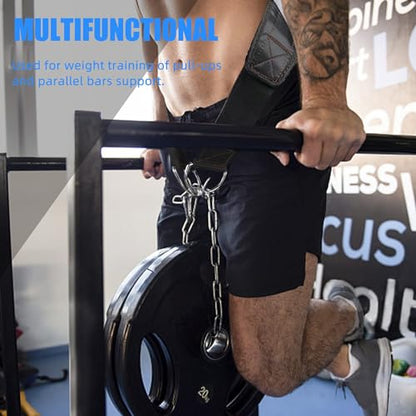 Dip Belt for Weight lifting, Weight Belt with 34'' Extra Long Adjustable Steel Chain, Pull Up Belt for Powerlifting, Strength Training and Bodybuilding, Comfortable Waist Back Support for Men & Women