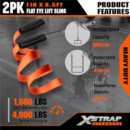 XSTRAP STANDARD 2PK 1"x6.5ft Lifting Sling Straps 2000 lb Vertical Capacity | 1600 lbs Choker / 4000 lbs Basket Capacity, 5:1 Safety Factor Polyester Web Slings for Rigging, Hoist, Tree Stump Removal - style: 2PK 1''x6.5ft