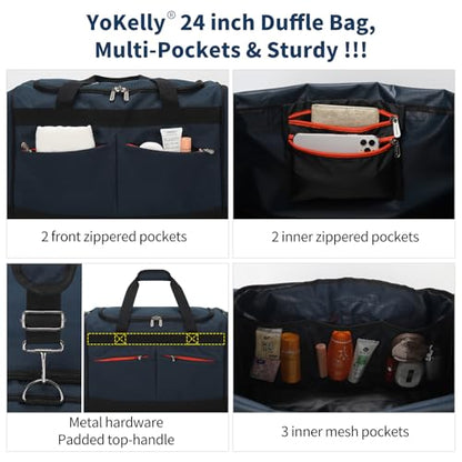 24 inch Large Gym Bag for Men - 65L Hard Bottom Duffle Bag with Shoes Compartment for Sport/Travel - Navy Blue - color: Navy Blue